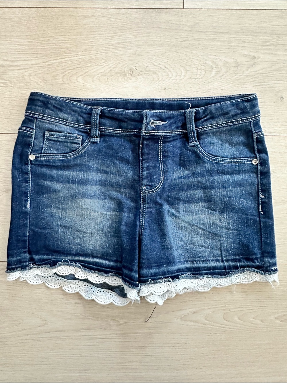 Girl’s Dark Blue Denim Shorts with White Lace Trim